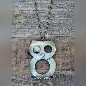Vintage Large Pewter Winking Owl Pendant on Silver Chain